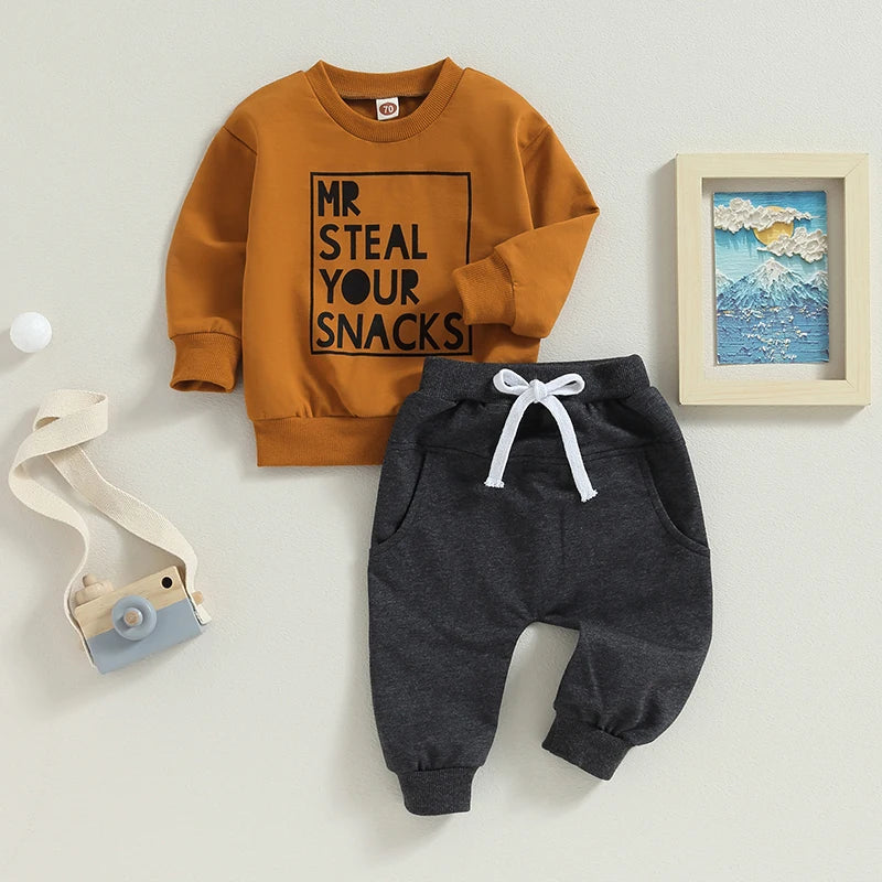 2PCS Toddler Boys Clothes Sets Long Sleeve Letter Print Sweatshirt Tops and Drawstring Pants Spring Fall lSets