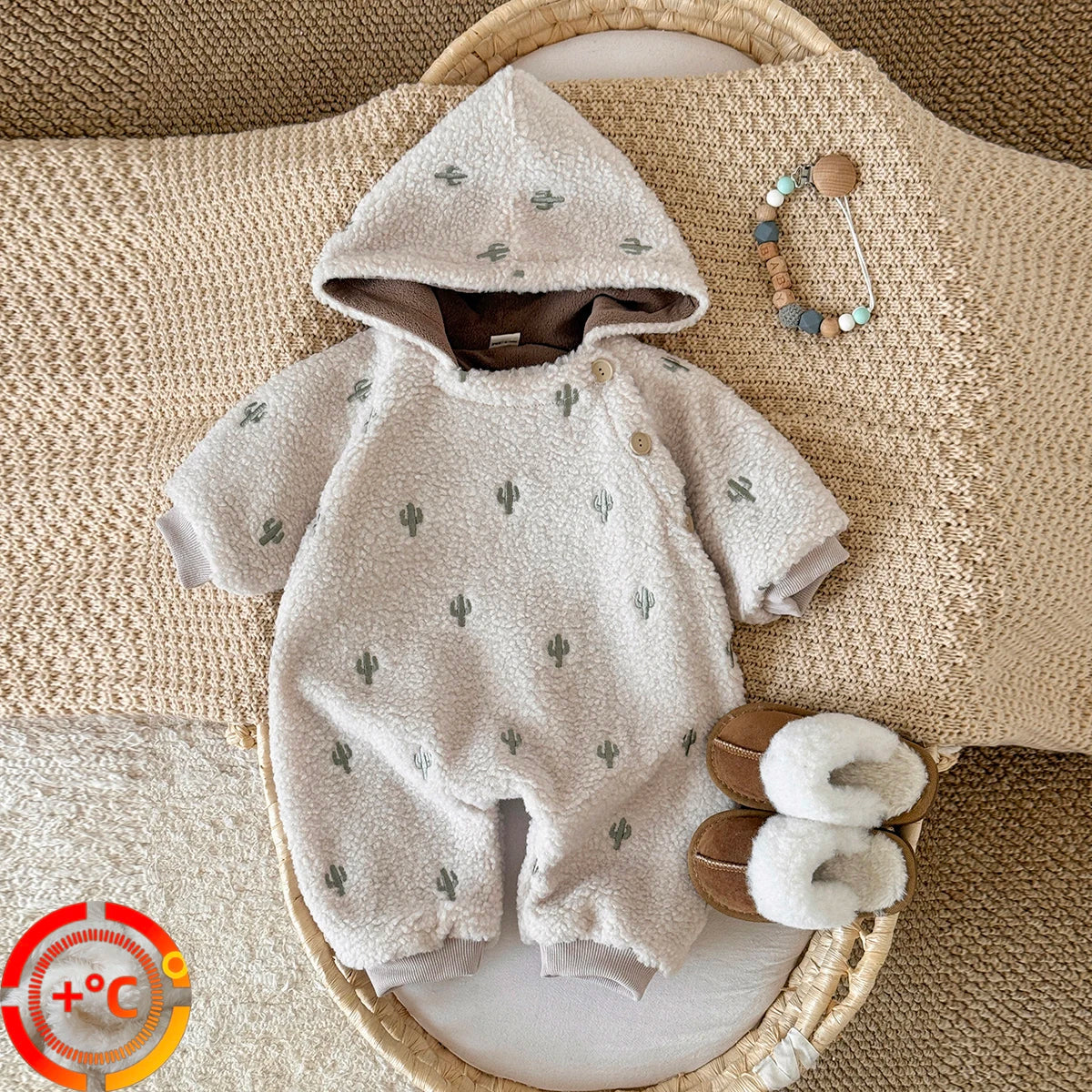 Newborn Baby Clothes Soft Plush Winter Baby Boys Girls Jumpsuit Cactus Embroidery Hooded Warm Rompers