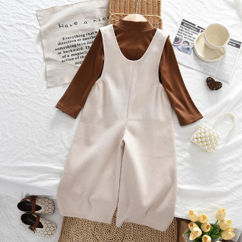 9 Months To 7 Year Old Cute Baby Girl Clothes Autumn Korean Version Coffee Color Half Collar Top + Beige Jumpsuit Two-piece Set