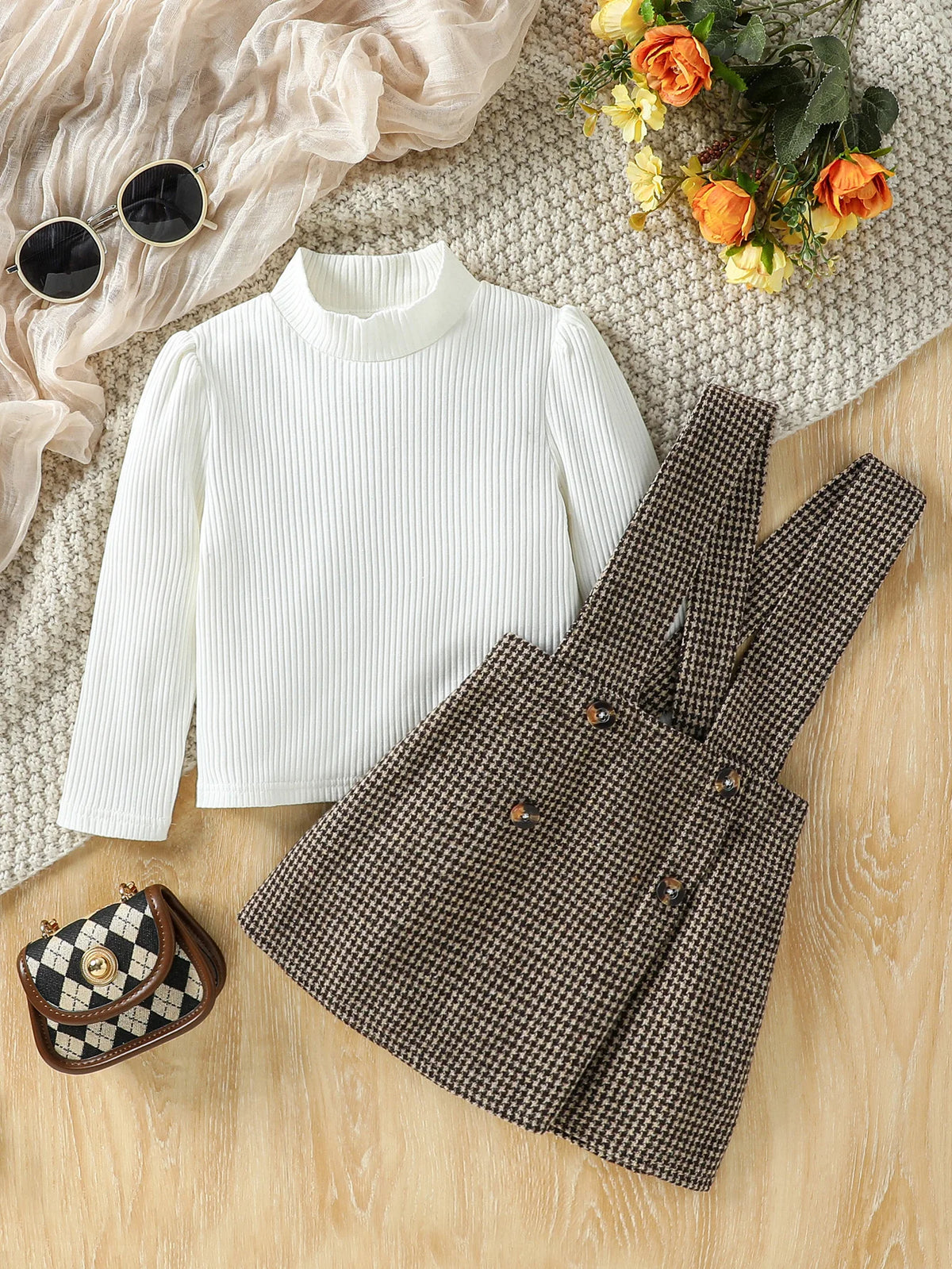 2-6 Years Kid Girl  Solid Long Sleeve Top &Plaid Strap Skirt Set Fashion Cute All Match Wear Autumn Winter Party Outifit Clothes