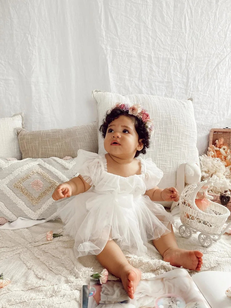 2026 Summer Baby Clothes 100 Day Baptism Birthday Party Sleeveless Jumpsuit Mesh Bow Romper Girl Princess Dress