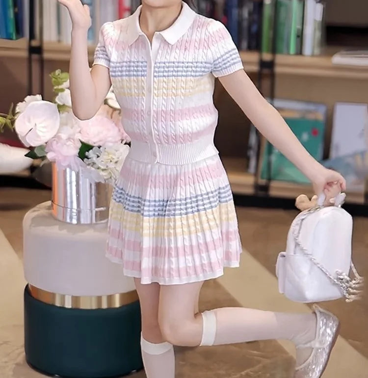2026 new summer child set teenager Girls Cloth striped tracksuit T shirt top + bottom pleated Skirt suit 4 8 9 10 12 Year tennis