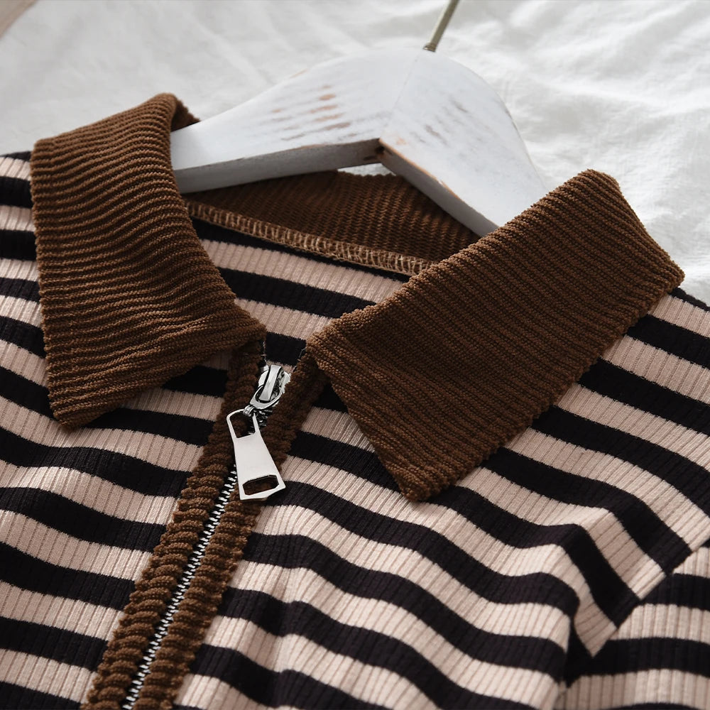 3-12 Year Old Children's Two-piece Set Autumn Long Sleeved Girls' Clothing Striped Printed Lapel Cardigan Top+Micro Flared Pants