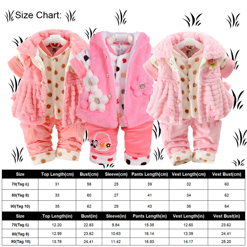 Flannel Babies Suit, -Piece Toddlers Clothes Set,Long Sleeve Tops+Waist Coat+Pants,Sweet Cute Girls Winter Cotton Snowsuits