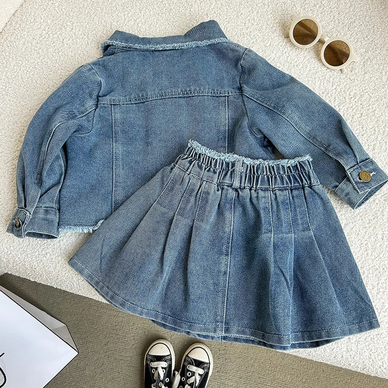 2-8 year old girl's denim set with retro lapel long sleeved denim jacket+pleated skirt cover girl's fashionable and trendy set