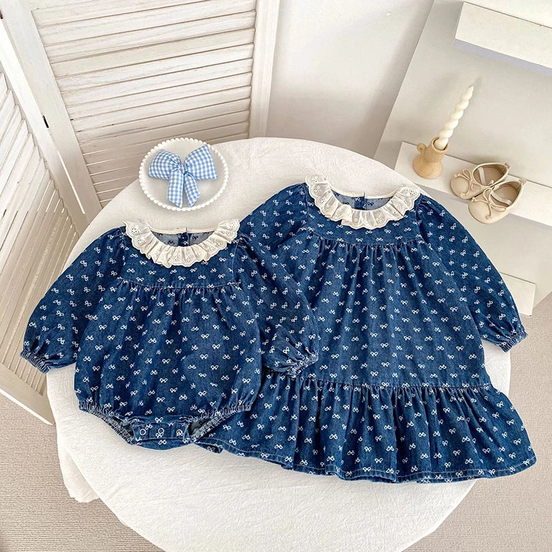 Toddler Sister Denim Bow Print 2-6Yrs Dress & 0-24M Baby Romper Ruffle Lace Collar Long Sleeve Infant Girls Sibling Clothes