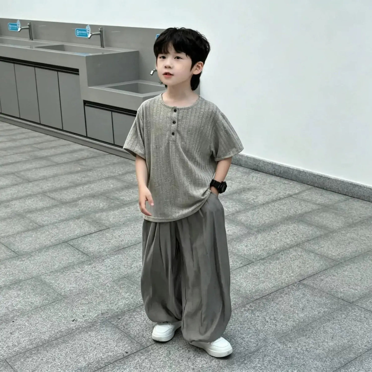 2026 summer Kids Children set boy Clothes loose short top T-Shirt thin + wide leg Pant trousers Teenager outfit 4 8 10 12 year