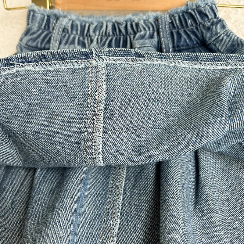 2-8 year old girl's denim set with retro lapel long sleeved denim jacket+pleated skirt cover girl's fashionable and trendy set