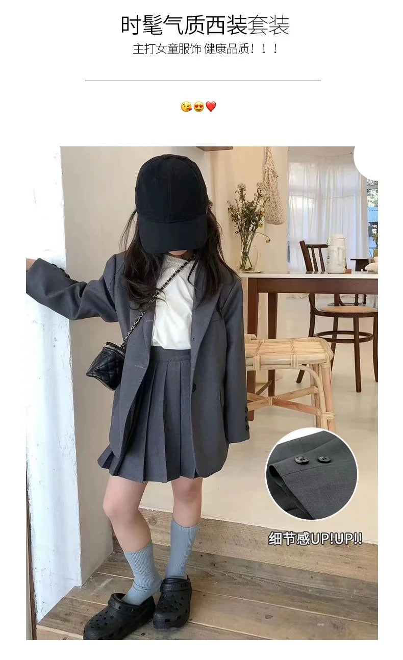 2026 Spring Winter Girls Kids 2 Piece Child Outfits Teenager Suit Set Slim Blazer Jacket Top + Mini Pleated Skirt 4 5 10 12 Year