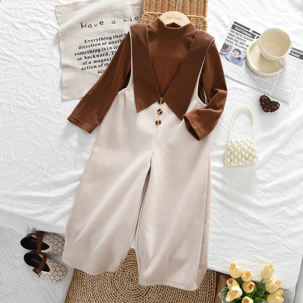 9 Months To 7 Year Old Cute Baby Girl Clothes Autumn Korean Version Coffee Color Half Collar Top + Beige Jumpsuit Two-piece Set