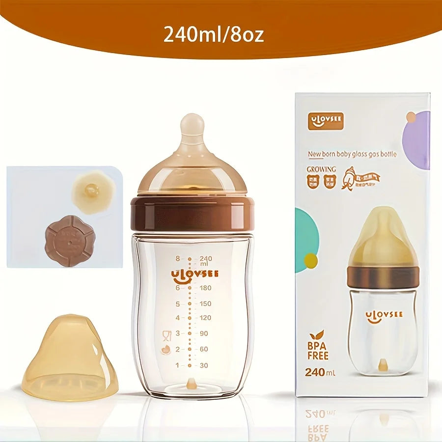4oz,8oz High Borosilicate Glass Baby Bottle,Nipple,Wide-Neck Feeding Bottle with Bottom Air Balance Hole/Valve,Glass Milk Bottle