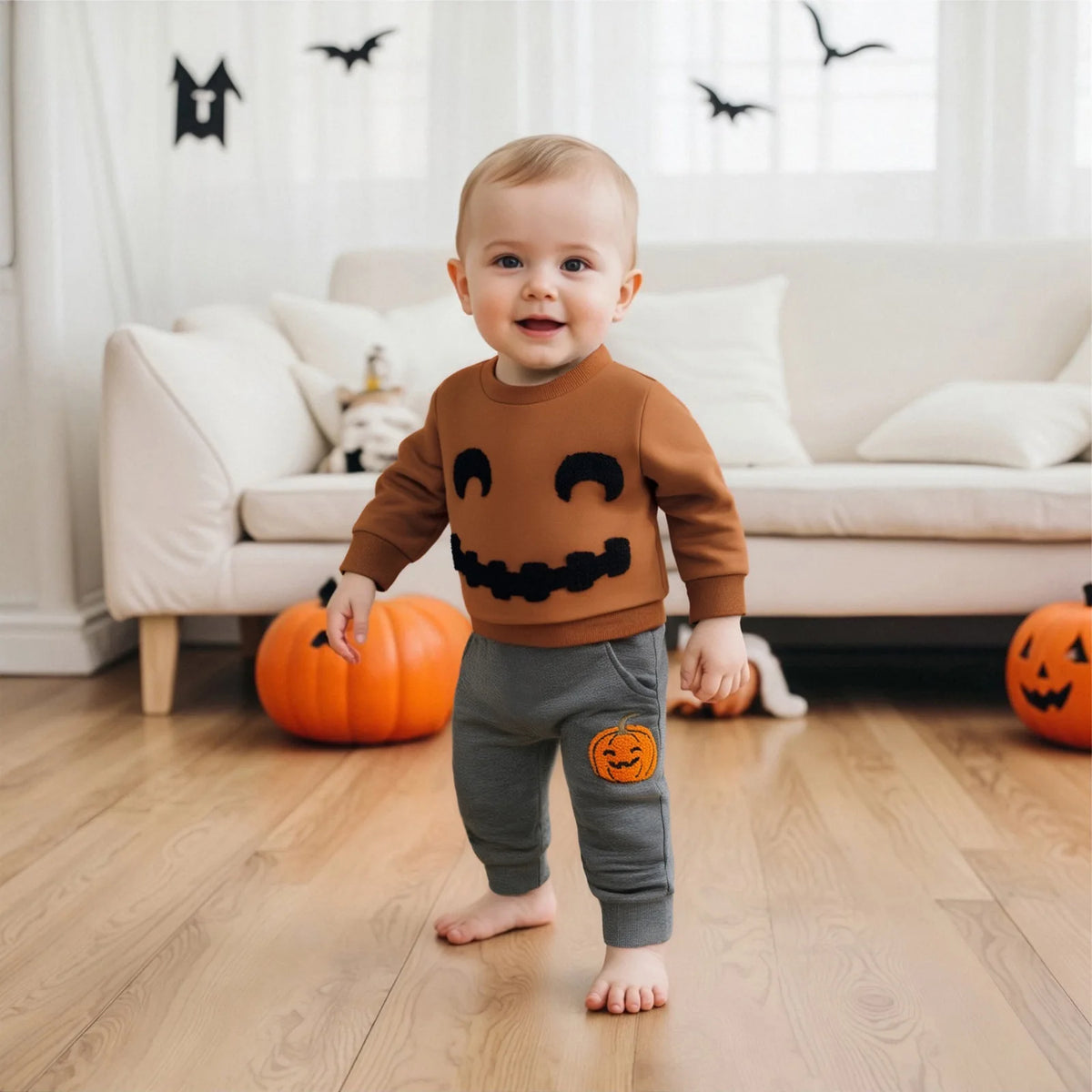 Halloween Children's Clothing 2026 Autumn Children's Clothes Boys Pumpkin Embroidery Long-sleeved Sweater Trousers Two-piece Set