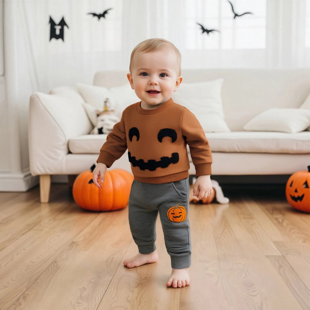 Halloween Children's Clothing 2026 Autumn Children's Clothes Boys Pumpkin Embroidery Long-sleeved Sweater Trousers Two-piece Set