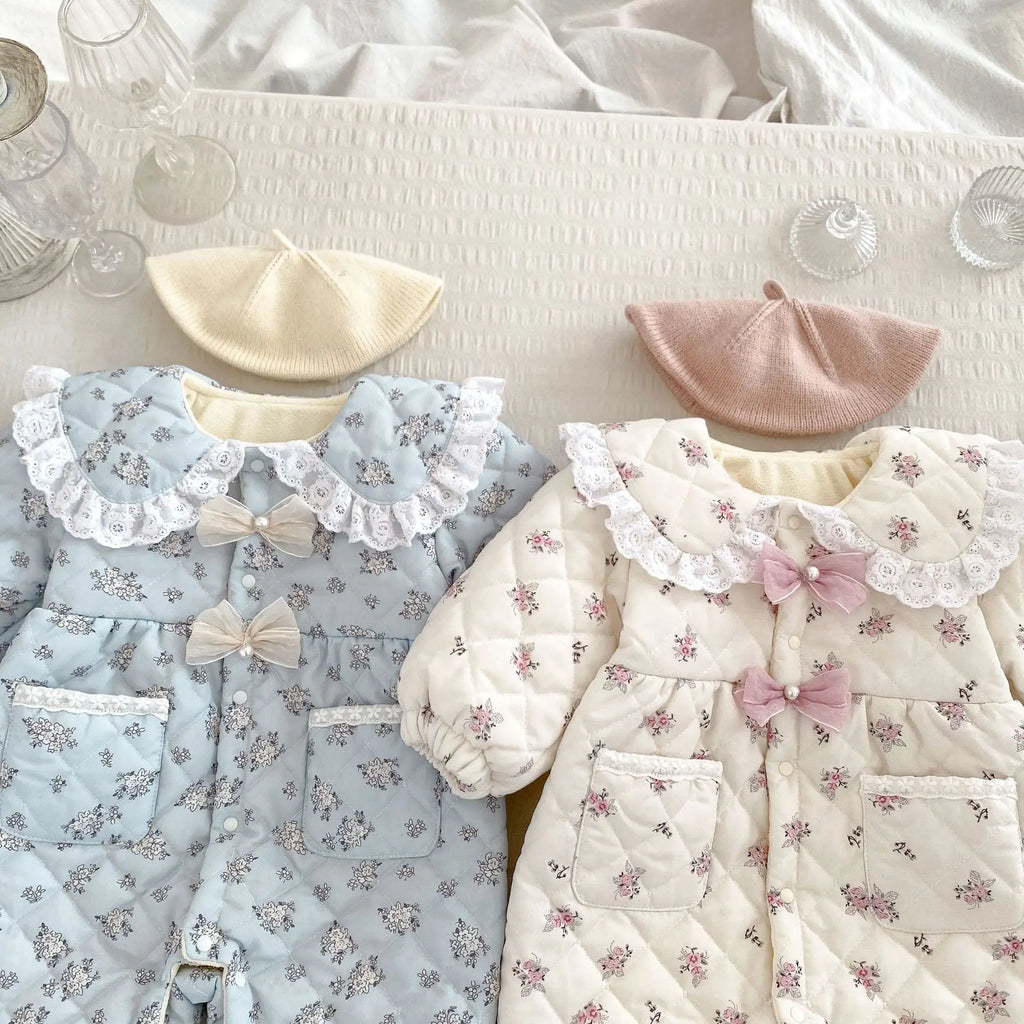 2025 Winter New Baby Girl Sweet Floral Fleece Romper Cute Lace Lapel Newborn Clothes Thick Warm Infant Girl Bow Padded Jumpsuit