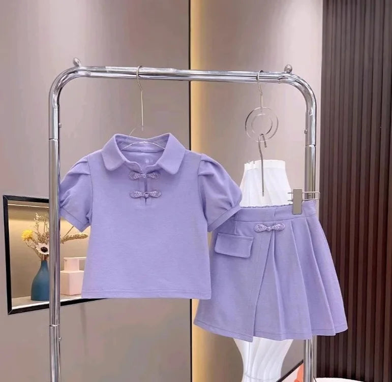 2026 summer child teenager Girls Clothes slim short sleeve rose red sweatshirt T-shirt and mini Pleated skirt 4 8 9 10 12 Year