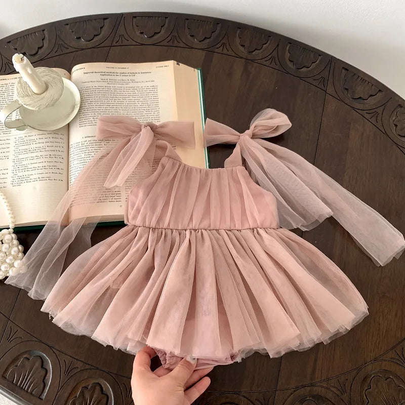 2026 Summer Baby Clothes 100 Day Baptism Birthday Party Sleeveless Jumpsuit Mesh Bow Romper Girl Princess Dress