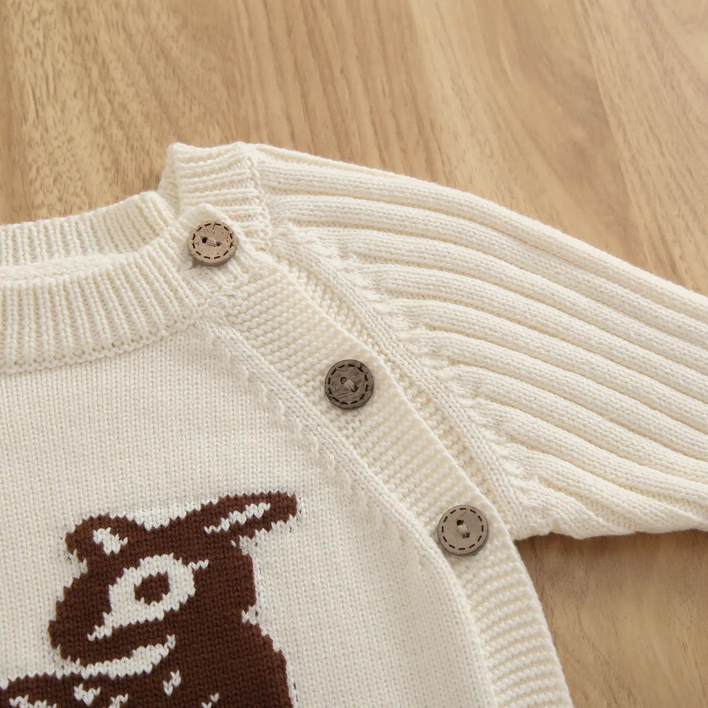 2026 Autumn Baby Clothes Cute Deer Print Infant Girls Knit Rompers Full Snap Button Infant Sweater Jumpsuit