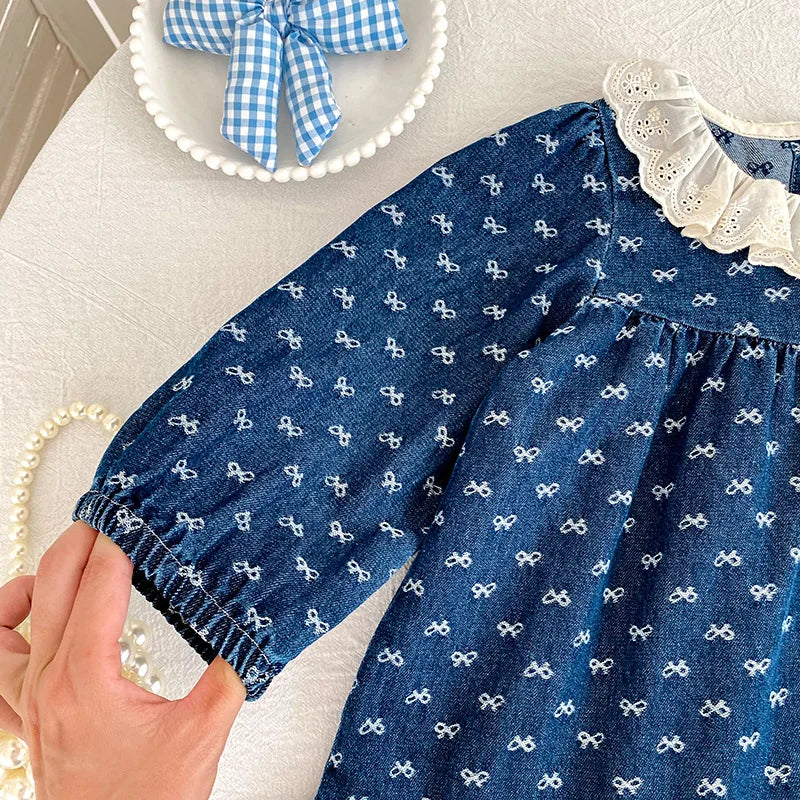 Toddler Sister Denim Bow Print 2-6Yrs Dress & 0-24M Baby Romper Ruffle Lace Collar Long Sleeve Infant Girls Sibling Clothes