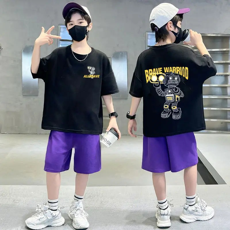 2026 summer Teens Boys Clothes set Outfit Kid robot fashion Tracksuit Child t-shirt top + solid shorts pant 4 7 8 10 12 14 Year