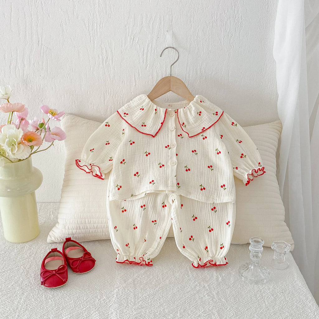 Baby Clothing Set 2025 Autumn New Baby Girl Pajamas Set Infant Cherry Print Top+Pant Casual Two-piece Suit Home Clothes