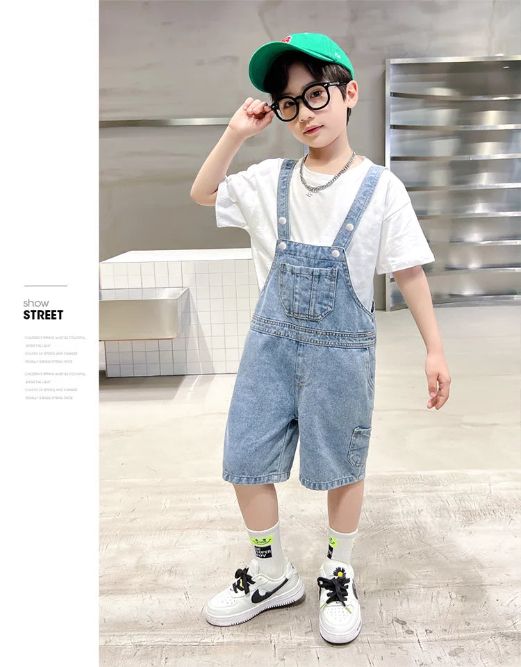 Children's Overalls Pants Boys New Summer Short Jumpsuit New Baby Trousers Bib Jeans Kids Denim Shortalls Age 4 To 14 Years Old