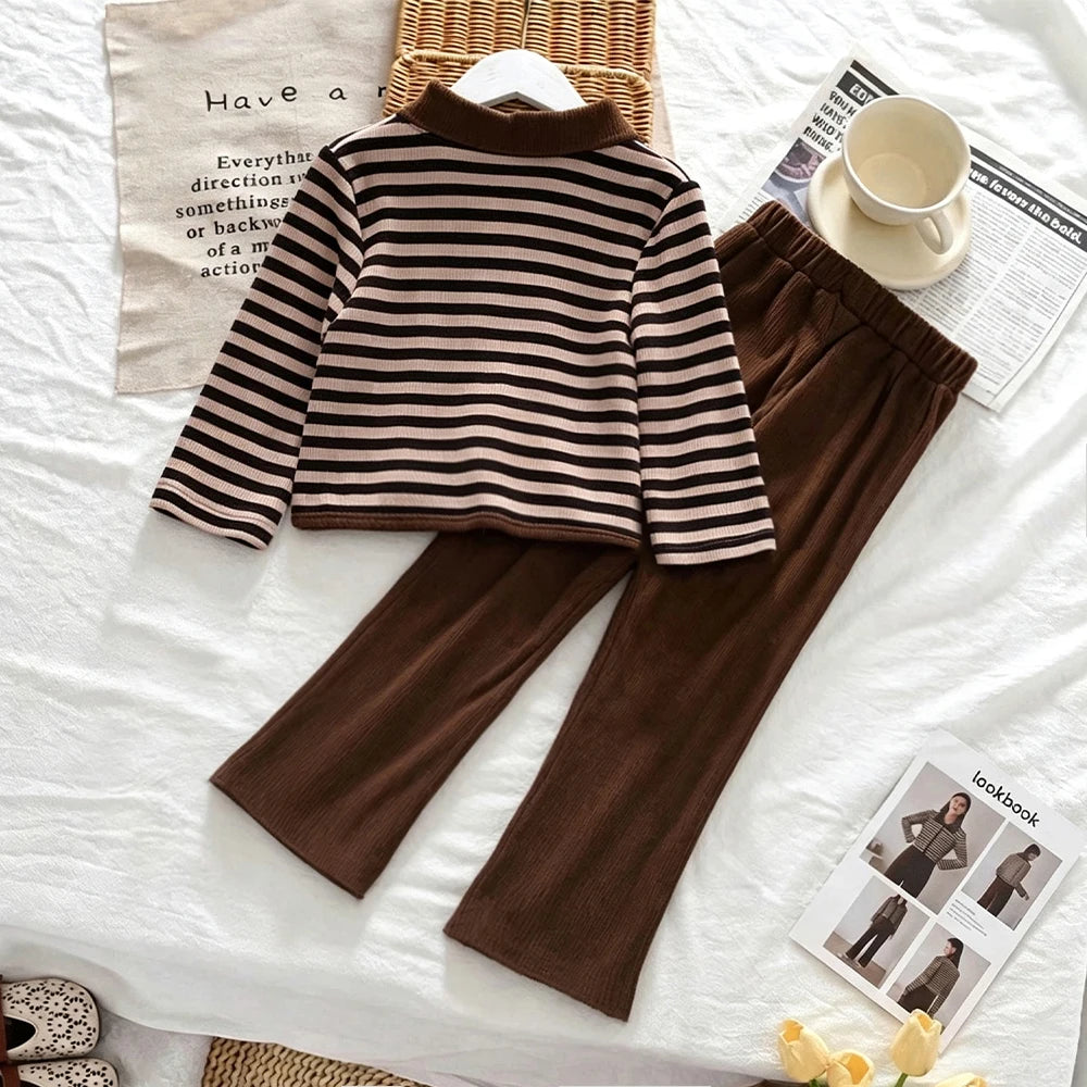3-12 Year Old Children's Two-piece Set Autumn Long Sleeved Girls' Clothing Striped Printed Lapel Cardigan Top+Micro Flared Pants