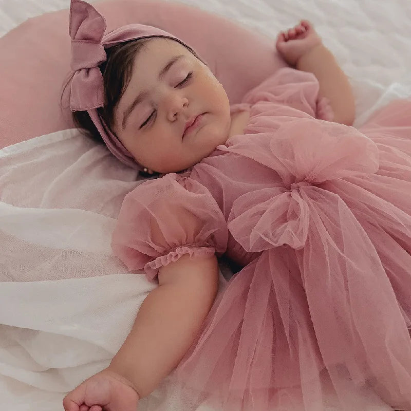 2026 Summer Baby Clothes 100 Day Baptism Birthday Party Sleeveless Jumpsuit Mesh Bow Romper Girl Princess Dress