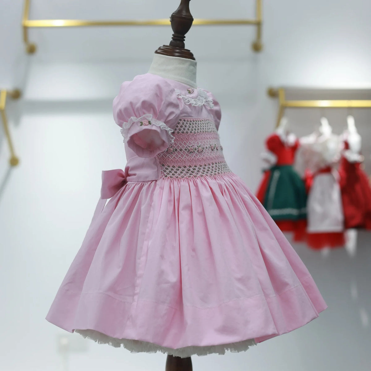 0-12Y Baby Girl Summer Pink Flower Handmade Embroidery Smocked Dress for Eid Birthday Party Holiday Photography Casual A150