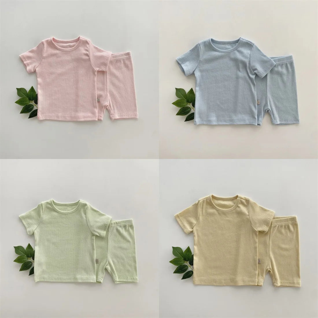 Baby Cotton Ribbed Clothes Set Short Sleeve Tops + Shorts 2pcs Suit Candy Color Baby Girl T Shirts Solid Boys Shorts Outfits