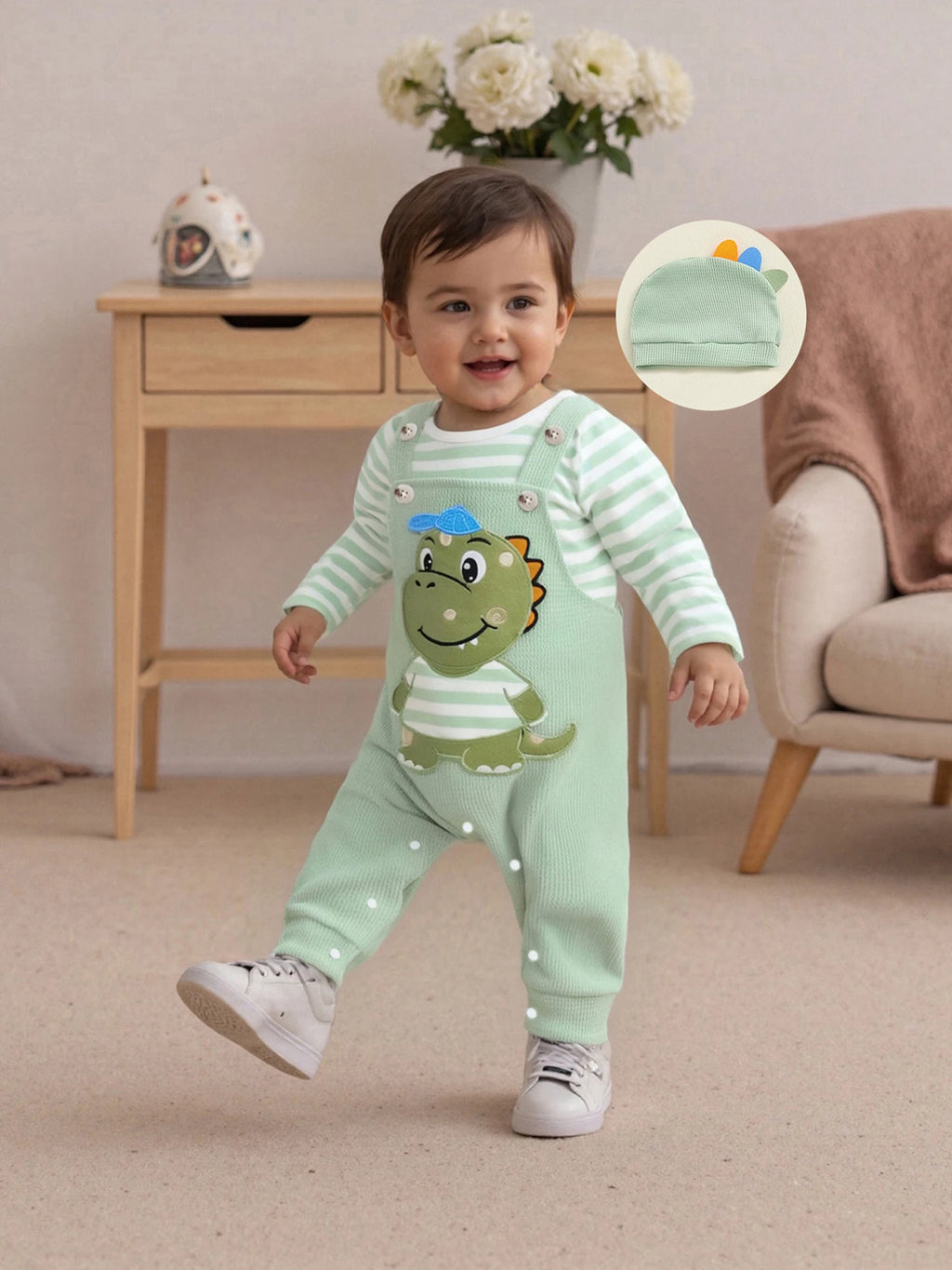 Cute Infant Newborn Baby Boys 3Pcs Outfit Cute Baby Clothes Long Sleeve Striped Romper Animal Embroidery Overalls Hat Clothes