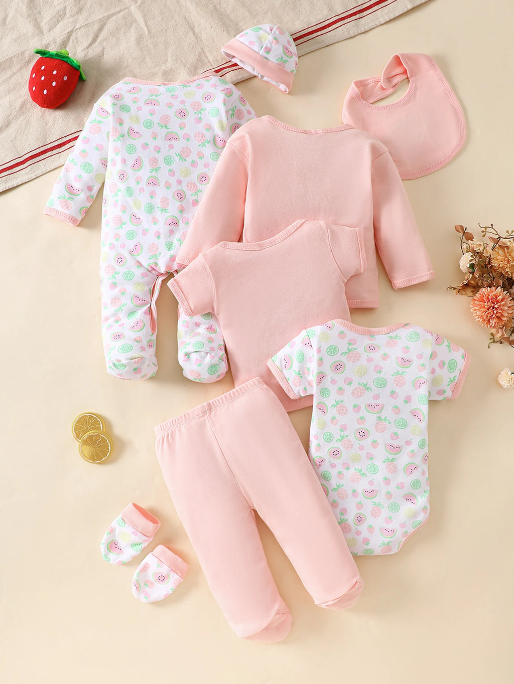Newborn Baby 8-Piece Clothing Layette Set 100% Soft Combed Cotton Cute Grey Bear Print Infant Romper Bodysuit Hat Bib Outfit Gif