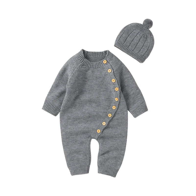 Baby Rompers Clothes Spring Autumn Solid Full Sleeve Knitted Newborn Infant Boys Girls Jumpsuits Hats Outfits Sets 0-18m Costume