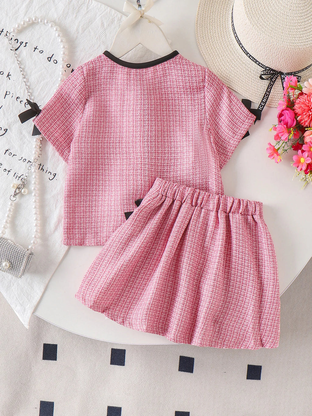 Summer Cross-Border New Girl Sweet and Comfortable 2-7 Years Old Pink Short-Sleeved Top + Short Skirt Set