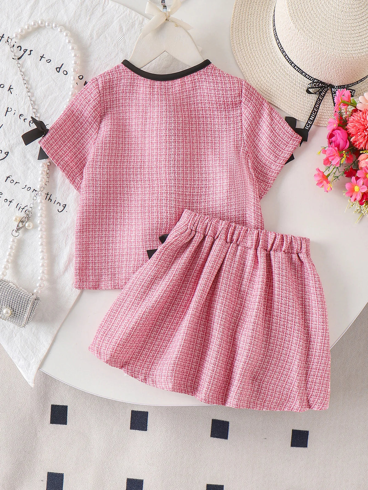 Summer Cross-Border New Girl Sweet and Comfortable 2-7 Years Old Pink Short-Sleeved Top + Short Skirt Set