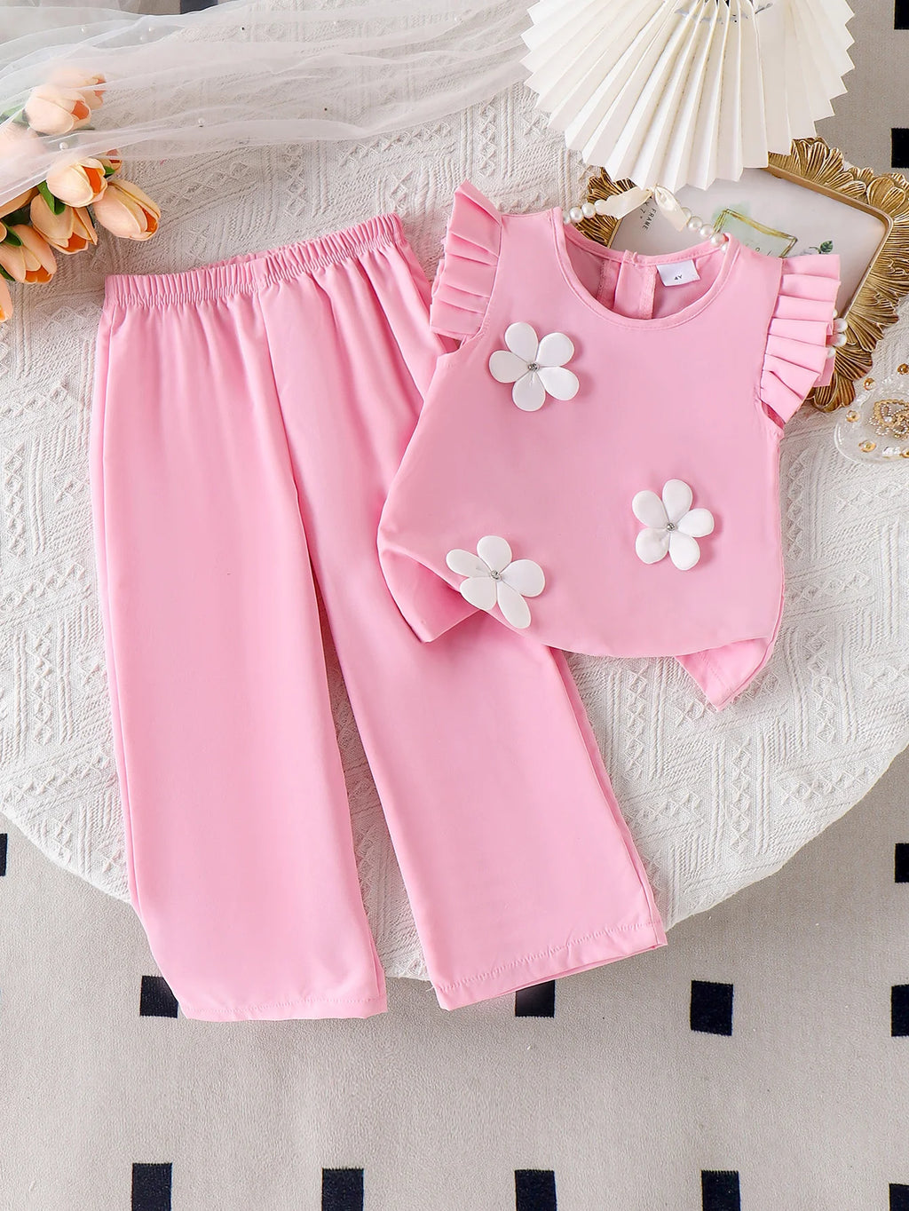Cross-border Summer New Girl Sweet and Comfortable 4-7 Years Old Pink Top + Pantsuit