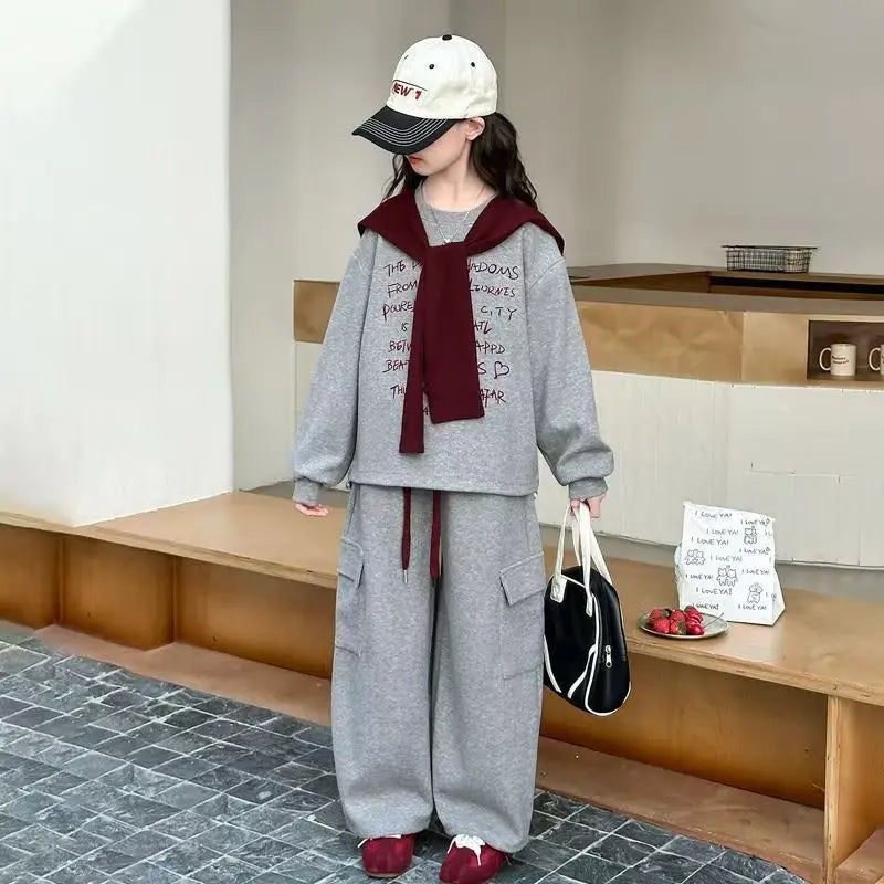 2026 autumn spring teenager kids girl Children set Clothes loose sweatshirt Hooded t shirt+ pocket wide leg pant 4 10 12 14 Year