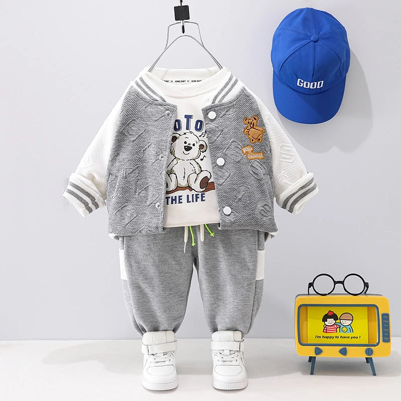 0-4 years old autumn new fashion cute car baby suit boys and girls long-sleeved striped three-piece children's sports suit