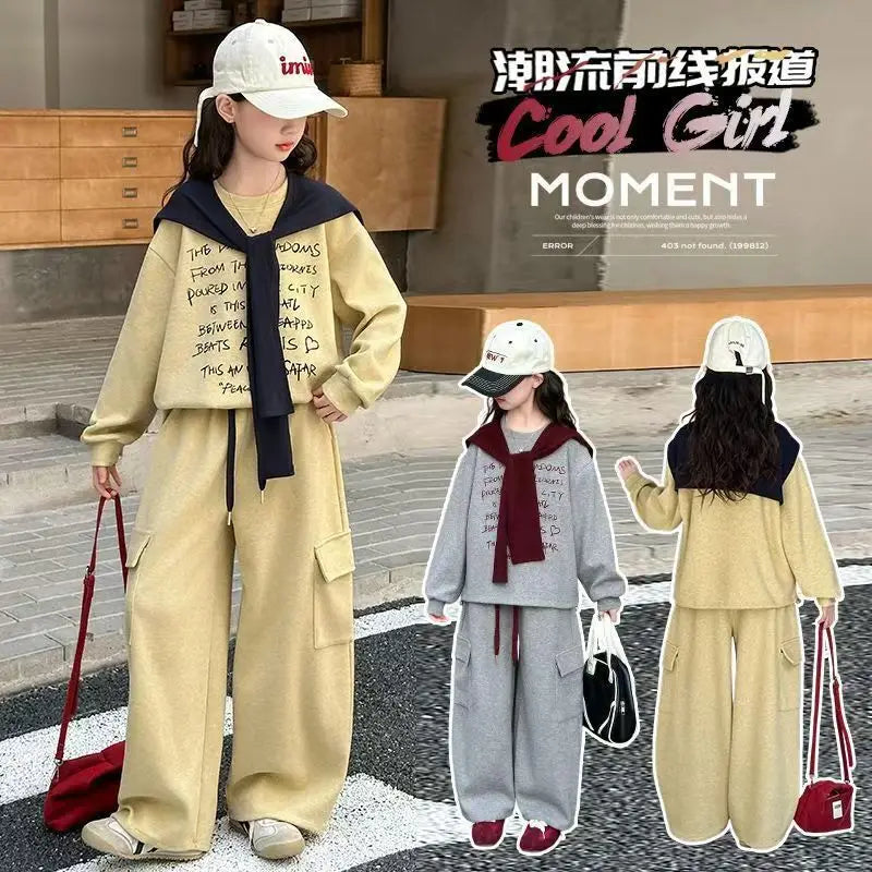 2026 autumn spring teenager kids girl Children set Clothes loose sweatshirt Hooded t shirt+ pocket wide leg pant 4 10 12 14 Year