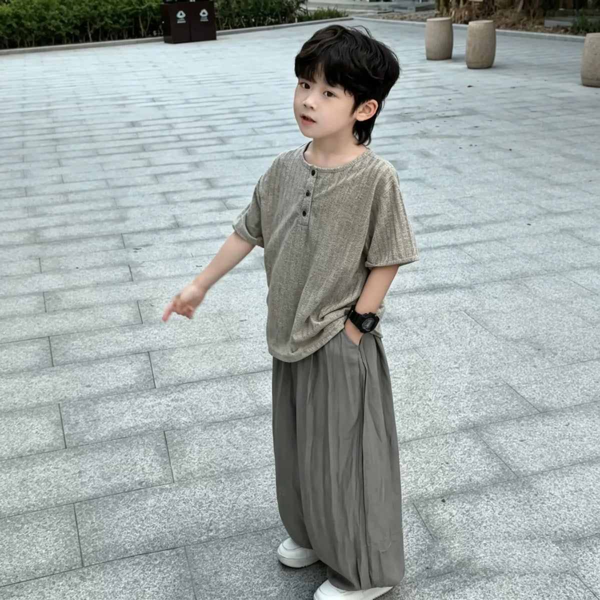 2026 summer Kids Children set boy Clothes loose short top T-Shirt thin + wide leg Pant trousers Teenager outfit 4 8 10 12 year