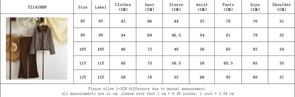 3-12 Year Old Children's Two-piece Set Autumn Long Sleeved Girls' Clothing Striped Printed Lapel Cardigan Top+Micro Flared Pants