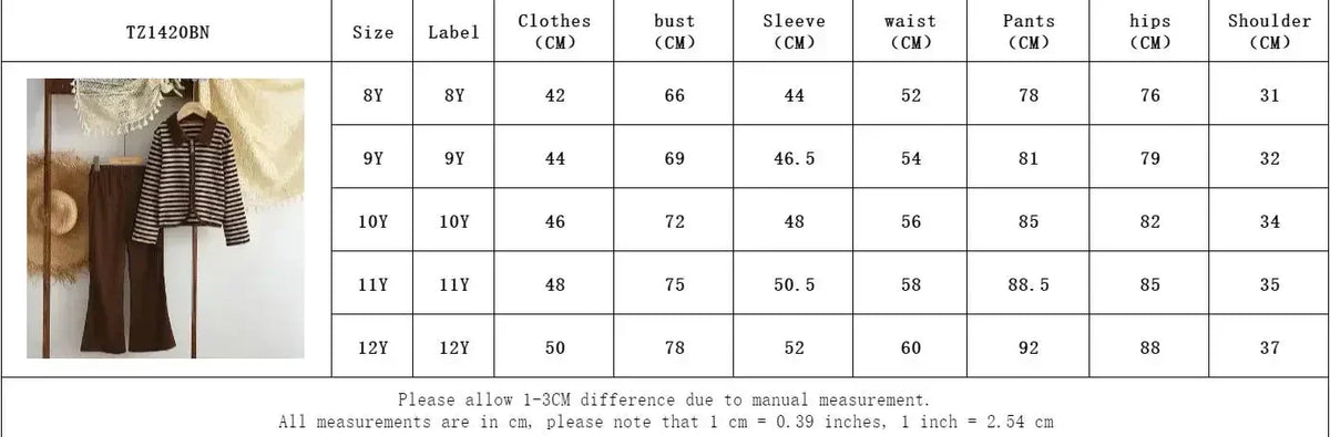 3-12 Year Old Children's Two-piece Set Autumn Long Sleeved Girls' Clothing Striped Printed Lapel Cardigan Top+Micro Flared Pants