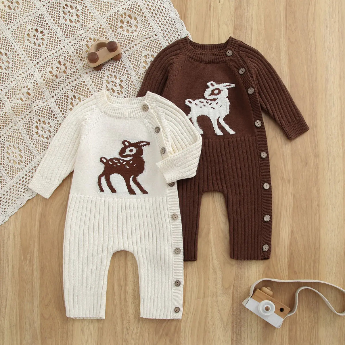 2026 Autumn Baby Clothes Cute Deer Print Infant Girls Knit Rompers Full Snap Button Infant Sweater Jumpsuit