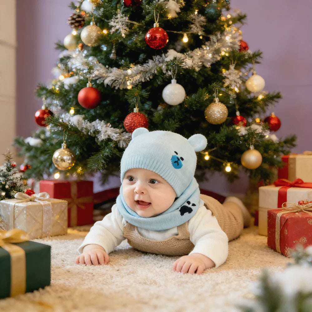 Baby Neck Warmer & Hat 2-Piece Set - Elastic Headband, Ear Protection, Warm & Cozy, Perfect Christmas Gift for Newborns