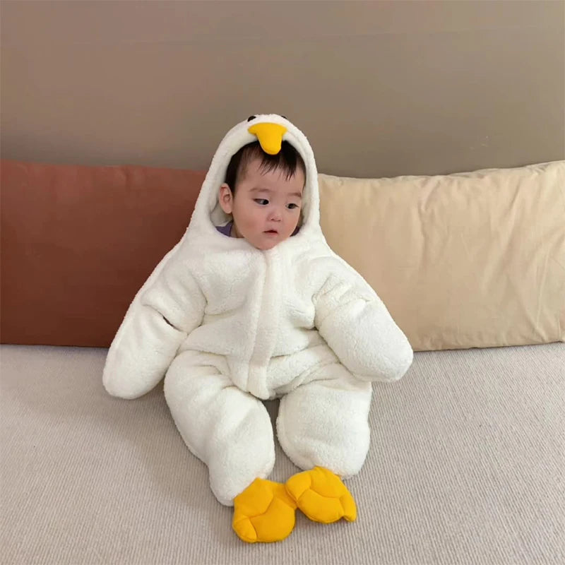 Cartoon Baby Clothes Boy Rompers Long Sleeve Fleece Hooded Baby Girl Romper Winter Warm Newborn Jumpsuit Clothes 0-7 Months