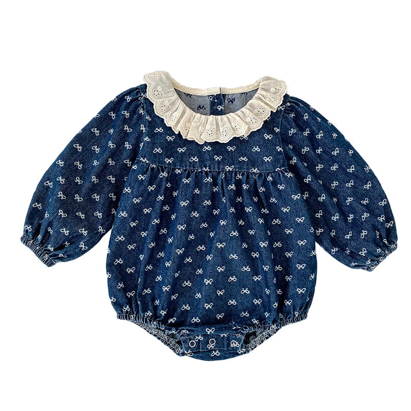 Toddler Sister Denim Bow Print 2-6Yrs Dress & 0-24M Baby Romper Ruffle Lace Collar Long Sleeve Infant Girls Sibling Clothes