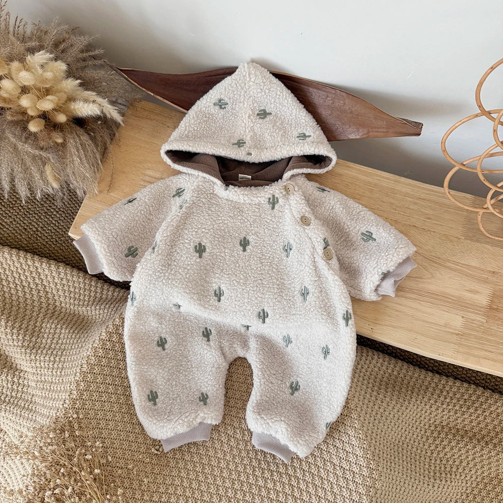 Newborn Baby Clothes Soft Plush Winter Baby Boys Girls Jumpsuit Cactus Embroidery Hooded Warm Rompers