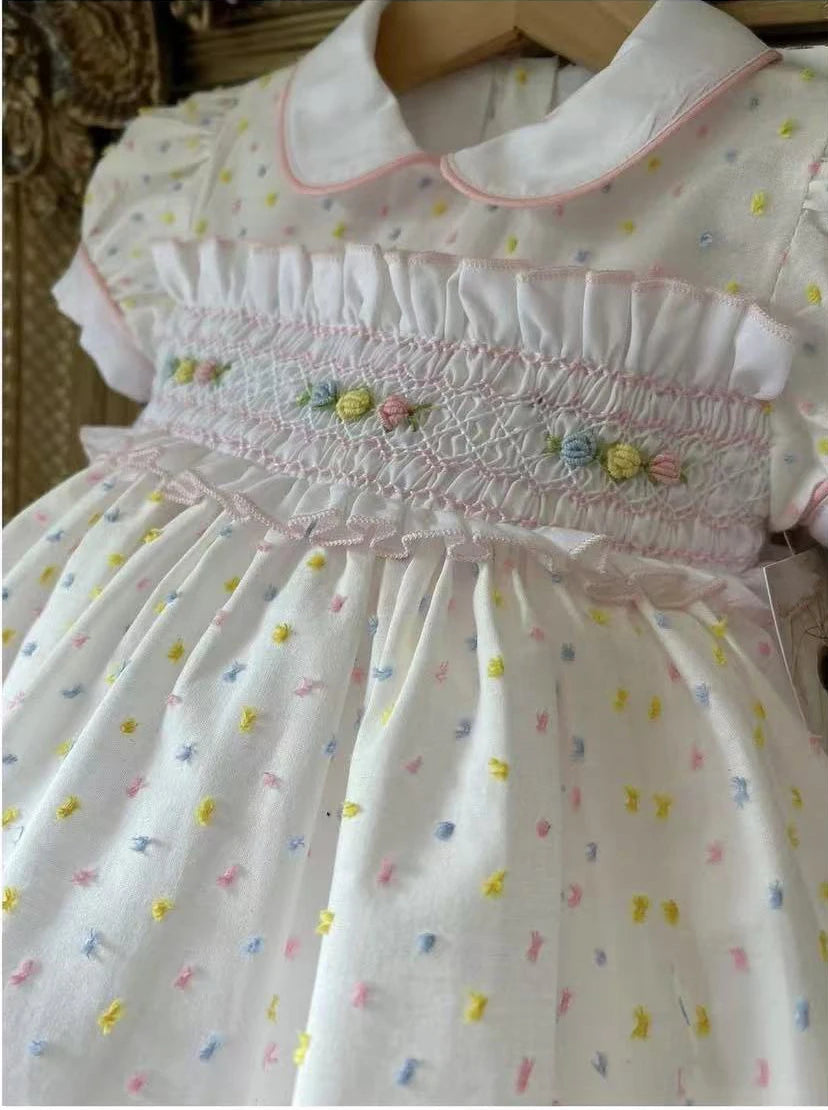 0-12Y Baby Girl Summer Flower Handmade Embroidery Smocked White Dress for Eid Birthday Party Holiday Photography Casual A187