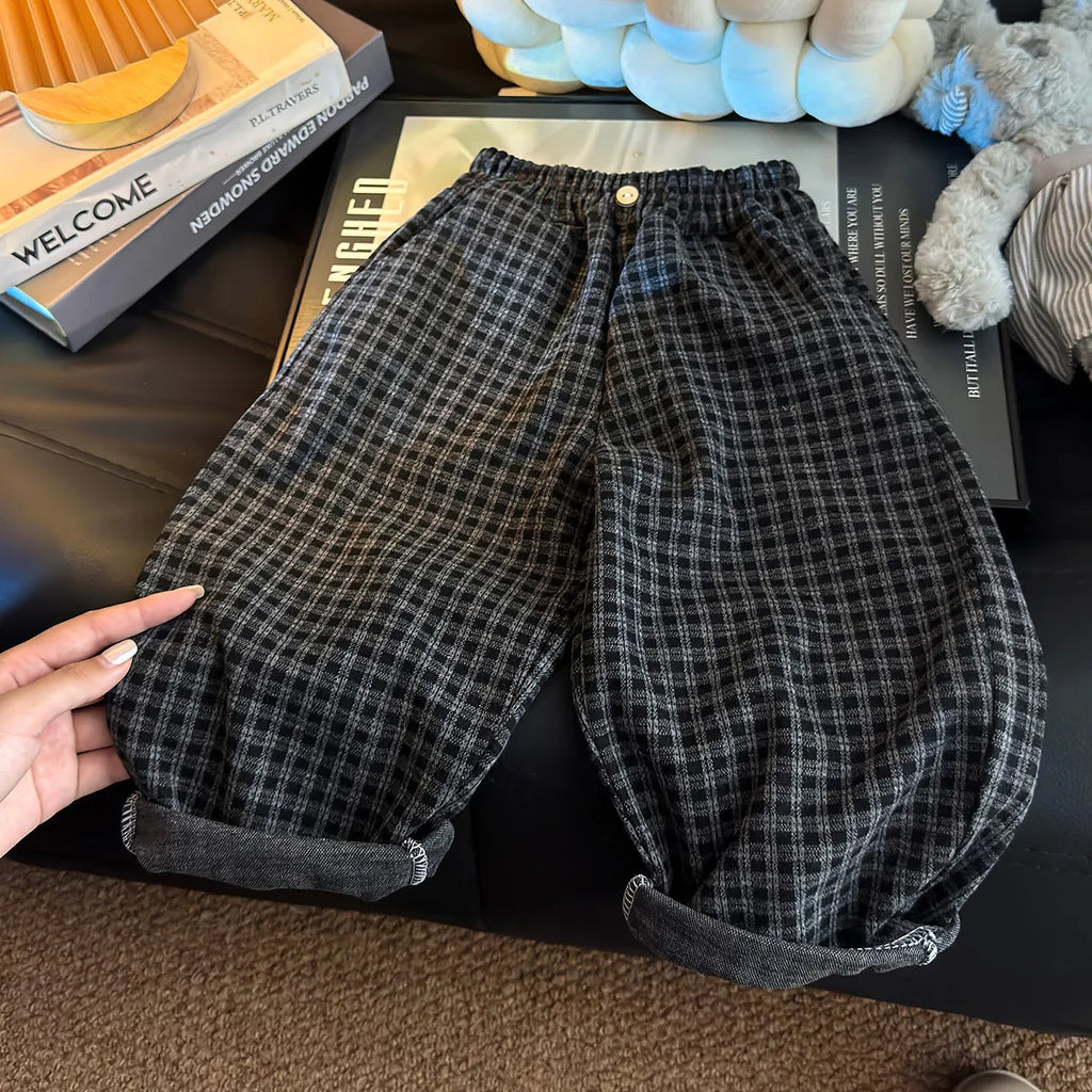 Spring Autumn Children Pants 1-8Y Boys Black Plaid Loose Casual Straight Trousers Korean Toddler Wear For Kids Clothes New