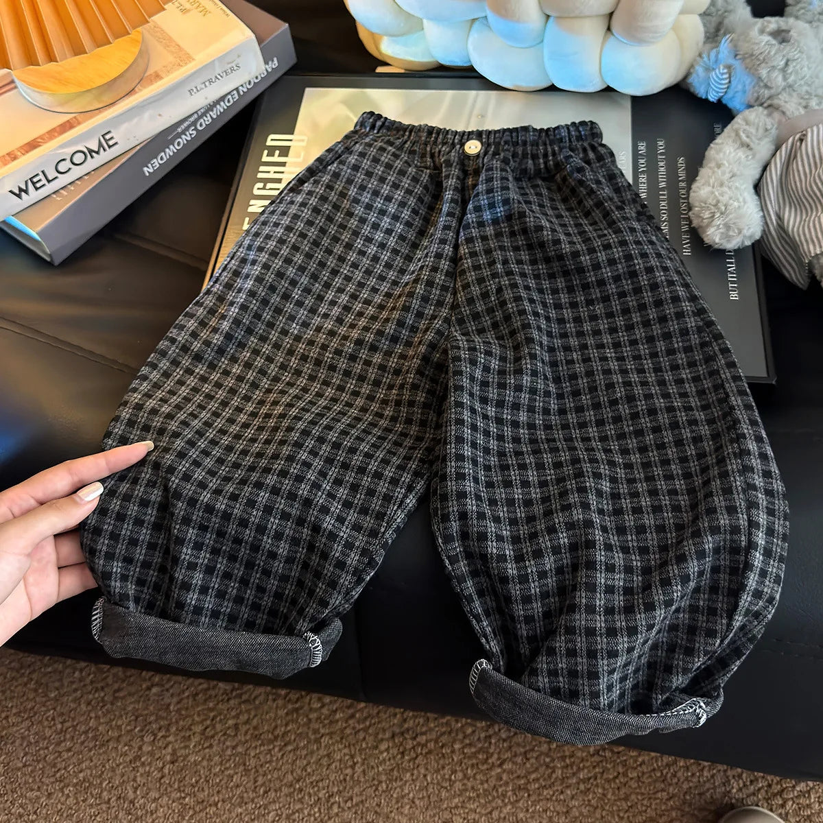 Spring Autumn Children Pants 1-8Y Boys Black Plaid Loose Casual Straight Trousers Korean Toddler Wear For Kids Clothes New