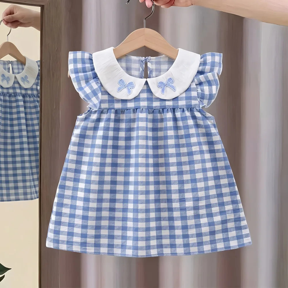(0-10 Years Old) 2026 Summer Beach Baby Girl Four Colors Cute Fly Sleeve Plaid Dress for Girl Sundress Cute Girls Dress Beach Dr